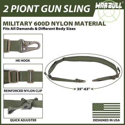 WarBull Quick Adjust Rifle Sling, QD Swivel 2 Point Sling with HK Hook, Soft Shoulder Pad Tactical Gun Sling for Rifle, Shotgun, and Crossbow, for Hunting, Camping, and Outdoor Sports (OD Green)