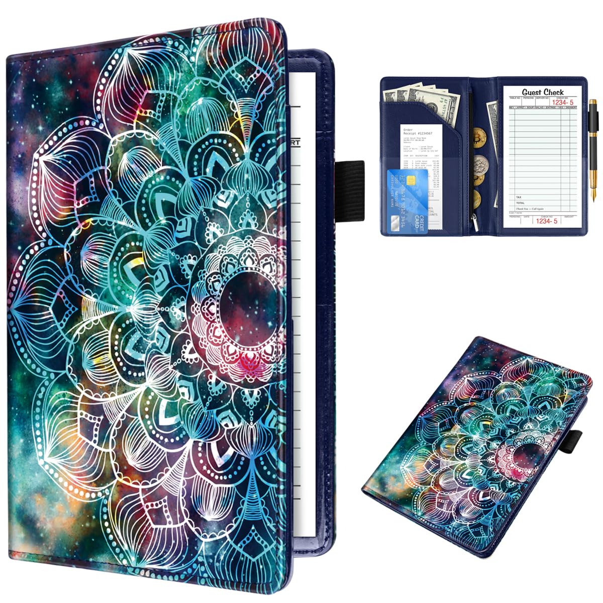 WAVEYU Cute Server Books for Waitress Waiter, Leather Guest Book Note Pad with Zipper, Money Organizer Wallet, Cash Check Bill Receipt Holder Presenter, 8x5 inch, Mandala