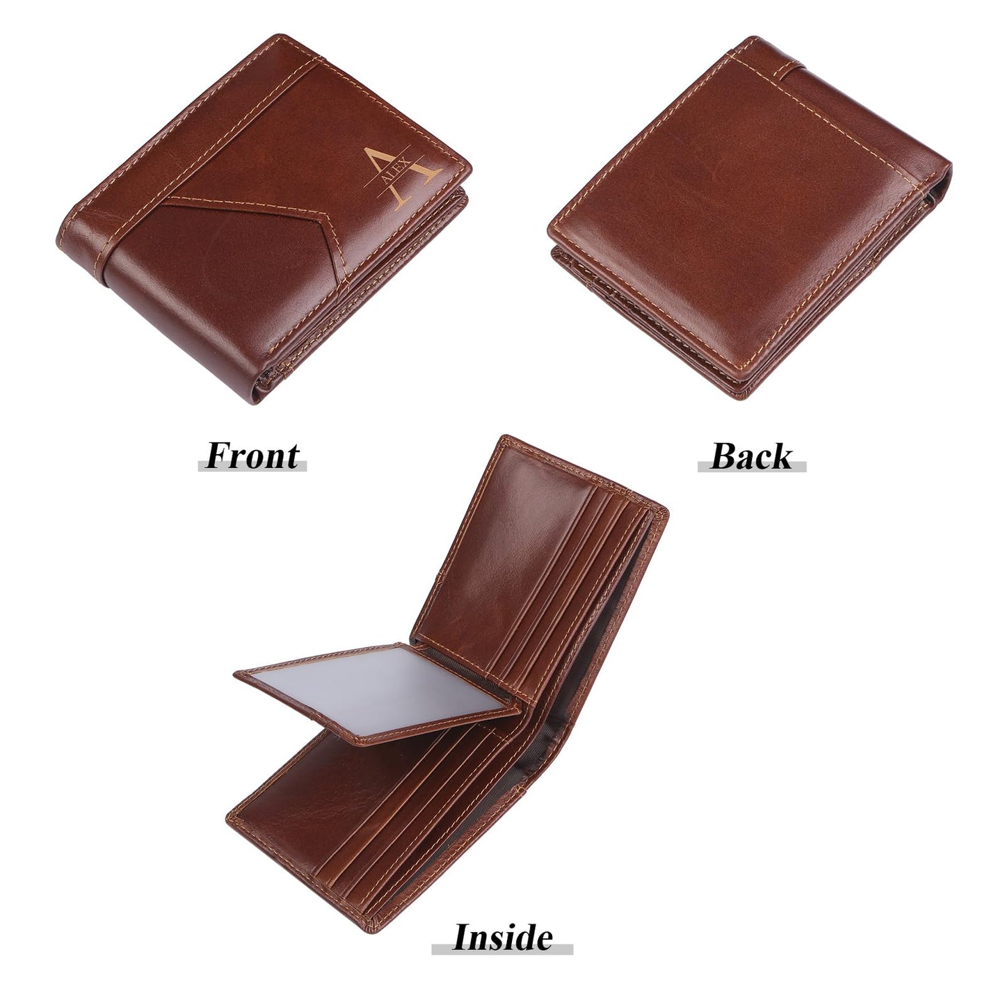 MirthfulMemento Custom Wallets for Men - Personalized RFID Genuine Leather Wallet for Men Engraved Name & initial Wallet, Dad Gifts for Fathers Day (Brown)