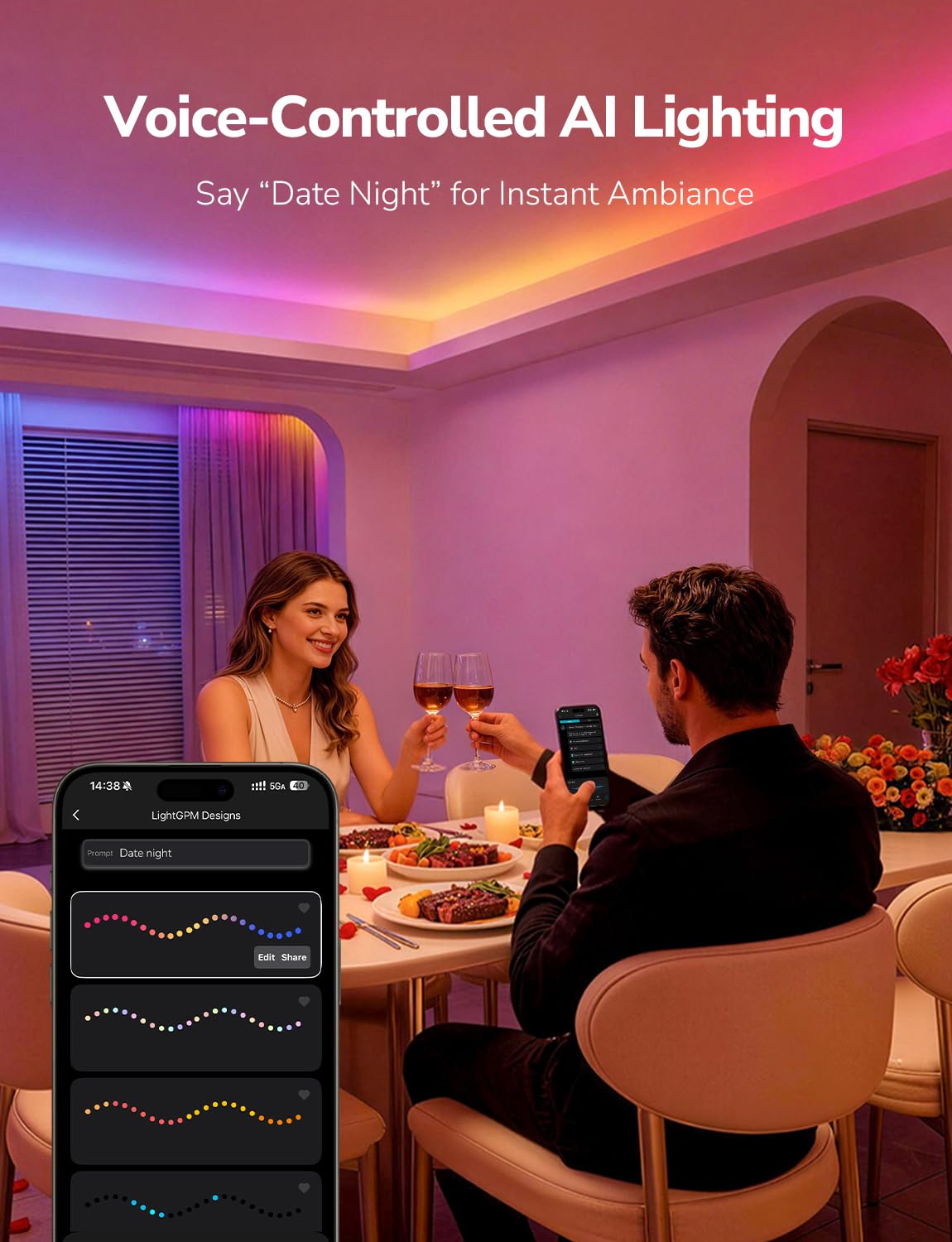 Lepro S1 AI LED Strip Lights for Bedroom - 65.6ft Smart RGB Light Strips with IC and Rainbow Chasing Effects, Color Segment DIY, Personalized Al Lighting Designer, No Remote, 2.4G Wi-Fi & Bluetooth