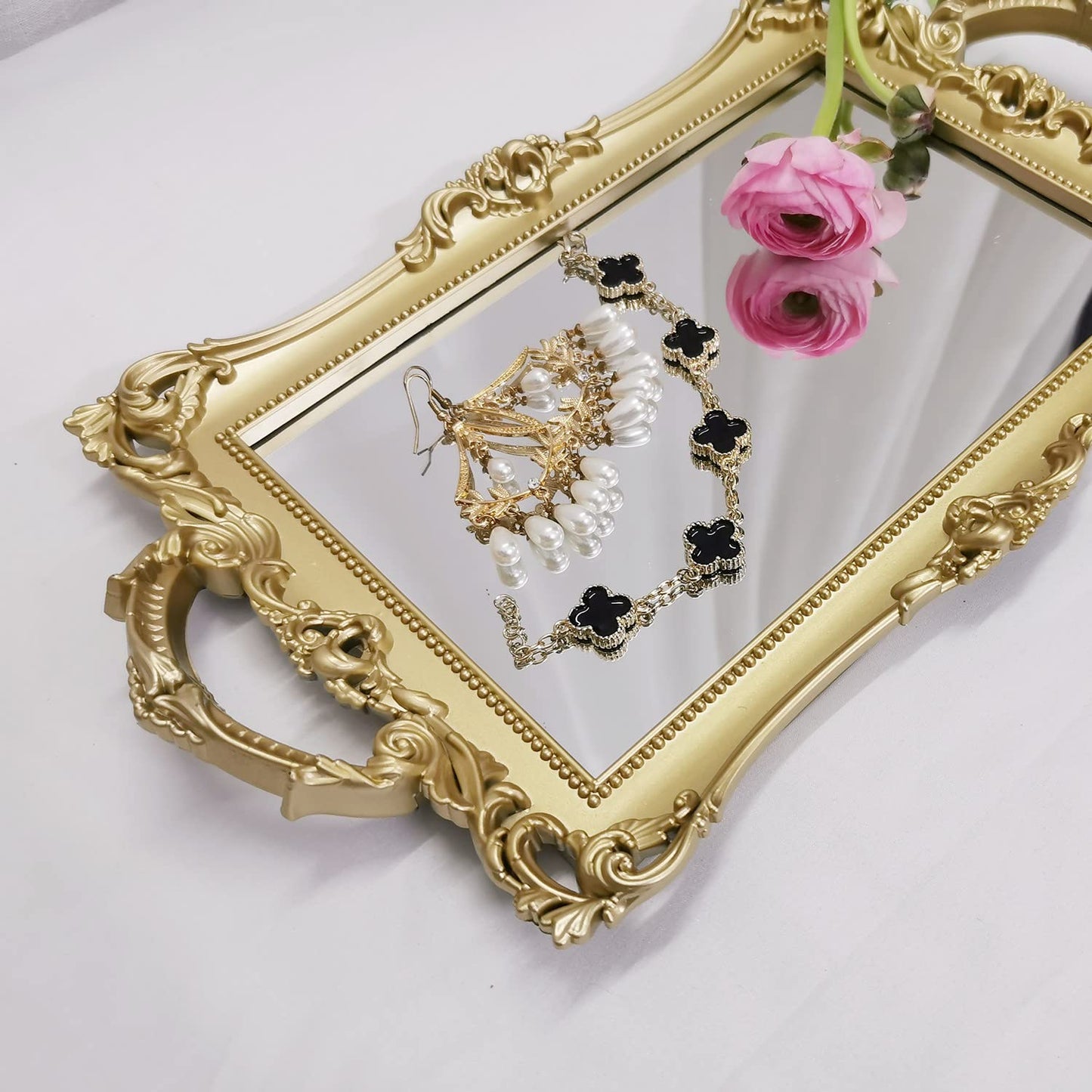 Yamfurga Small Rectangle Decorative Mirror Tray, French Style, Makeup Organizer, Jewelry Organizer, Serving Tray, 13"x 7.8", Gold