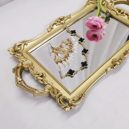 Yamfurga Small Rectangle Decorative Mirror Tray, French Style, Makeup Organizer, Jewelry Organizer, Serving Tray, 13"x 7.8", Gold