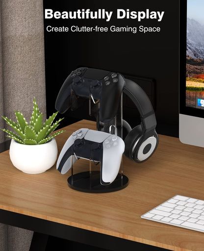 MoKo Universal Stand for Game Controller and Headset Stand, 2 in 1 Game Controller Support Holder Storage Organizer for Switch/Switch 2, ps5, ps4, Xbox One, Xbox Series, Gaming Accessorie, Black&Clear