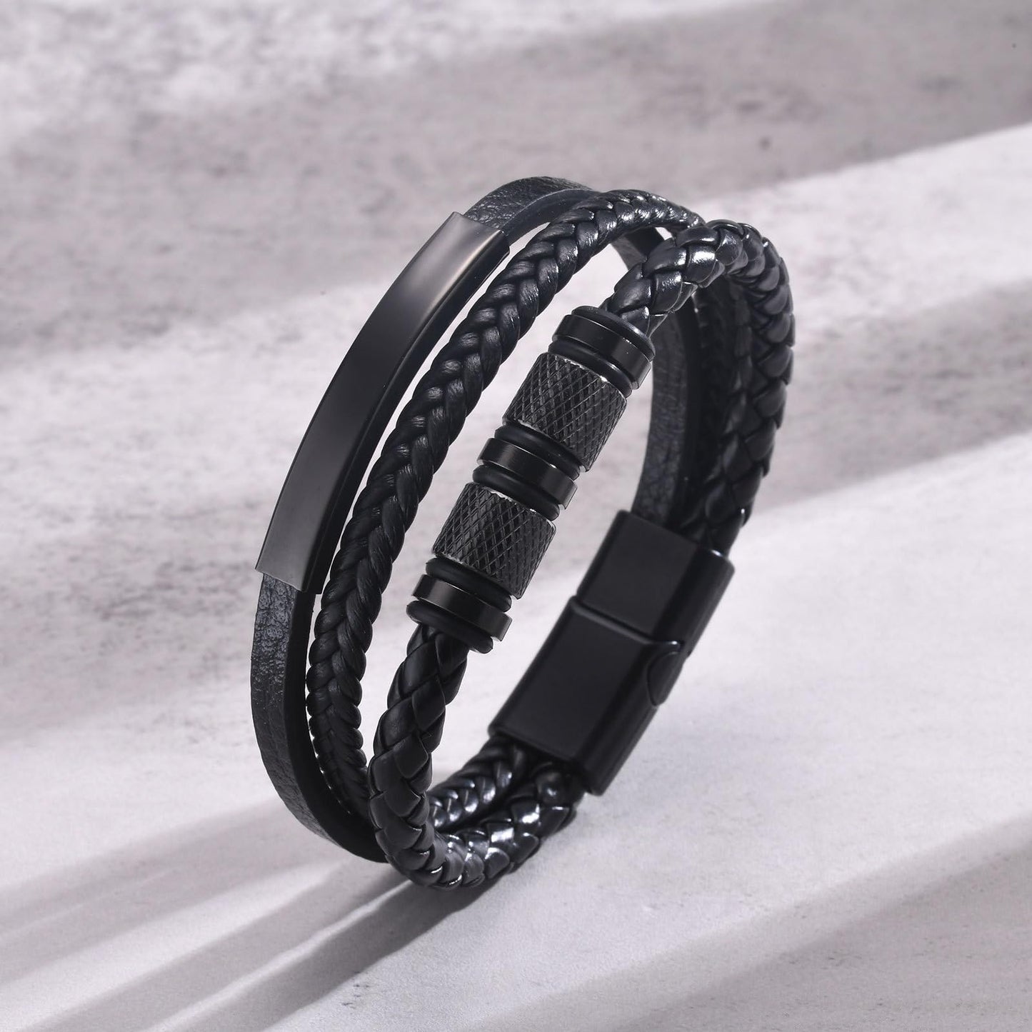 Kim Carrey Italian Handmade Genuine Leather Bracelets for Men Stainless Steel Clip, Men's Casual Genuine Multi-layer Cuff Bracelet, Bracelet Gift for Real Men (Pure Black)