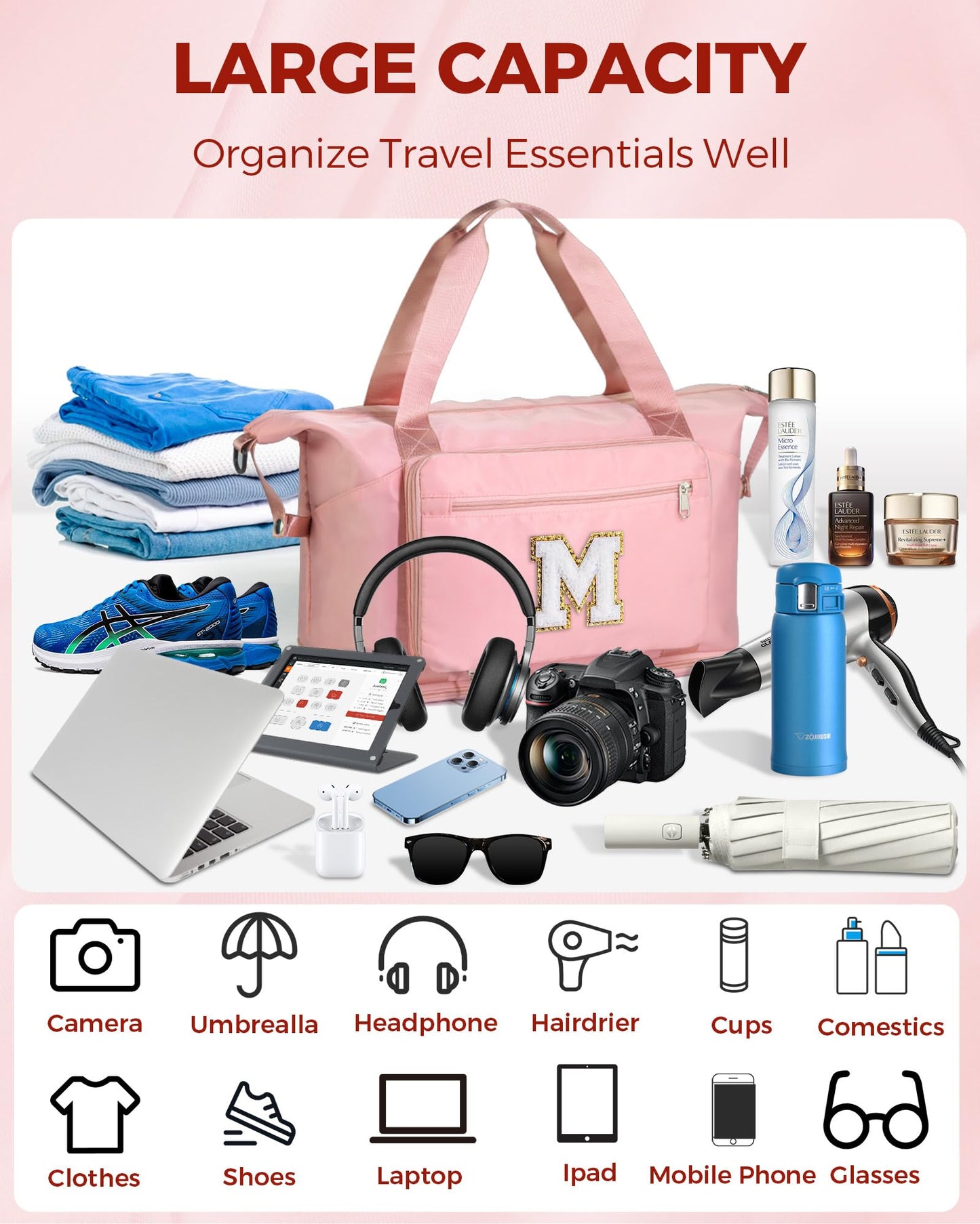 Teenage Girl Gifts, Weekender Bags for Women Travel, Initial Large Overnight Weekend Duffel Bags for Traveling with Shoe Compartment,GYM Duffle Bag for Kids Preteen Tween-Pink M