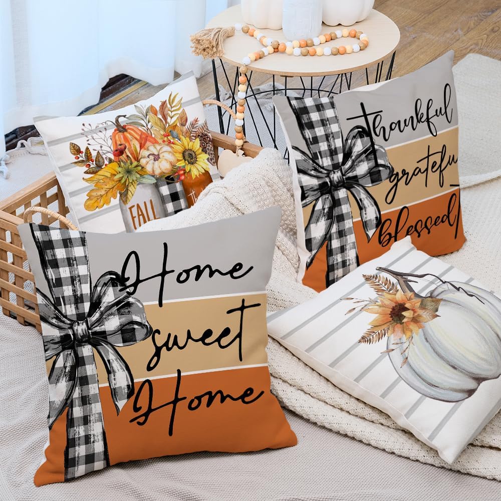 AACORS Fall Pillow Covers 18 x 18 Inch Set of 4, Pumpkin Home Sweet Home Thankful Grateful Blessed Harvest Floral Decorations Autumn Seasonal Pillow Case Decor for Sofa Couch AA557-18