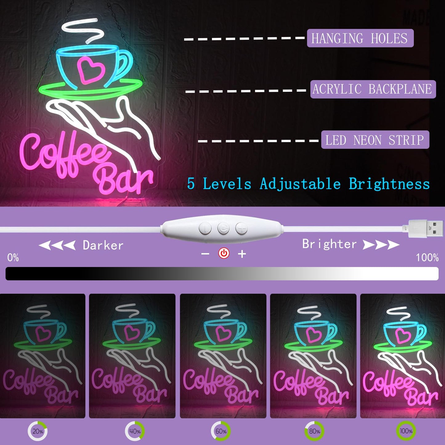 UExnkj-Y Coffee Bar Neon Sign for Wall Decor, Cafe Neon Light with USB Dimmable LED Neon Coffee Light Up Sign for Cafe Bar, Shop Business, Restaurants, Kitchen Party Decoration Gifts