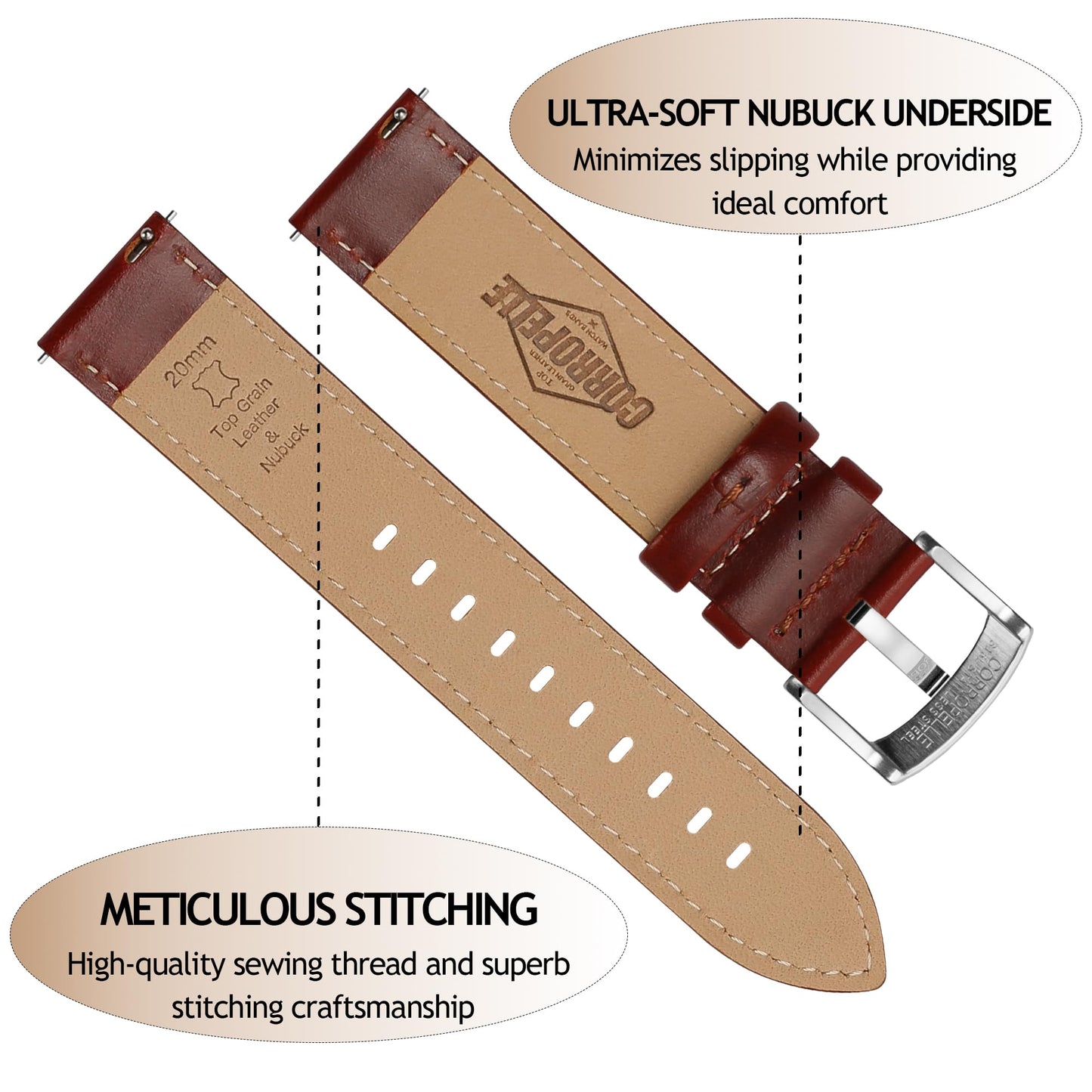 CORROPELLE Leather Watch Bands Quick Release, Elegant Top Grain Leather Watch Straps Band Replacement for Men and Women, Watch and Smartwatch, Choice of Width 18mm 19mm 20mm 21mm 22mm