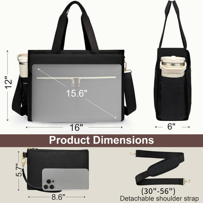 PASMAN Laptop Bag for Women 15.6 Inch, Work Bags for Teacher & Nurse with Compartments, Professional Office Computer Handbag(Black)