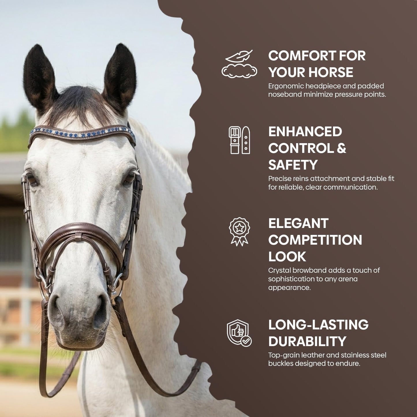 Equine Care Leather English Horse Bridle with Reins, Full Size Havana Brown, Raised Fancy-Stitched Hunter Show Bridle with Blue & Clear Crystal Browband, Padded Crownpiece, Stainless Steel Hardware.