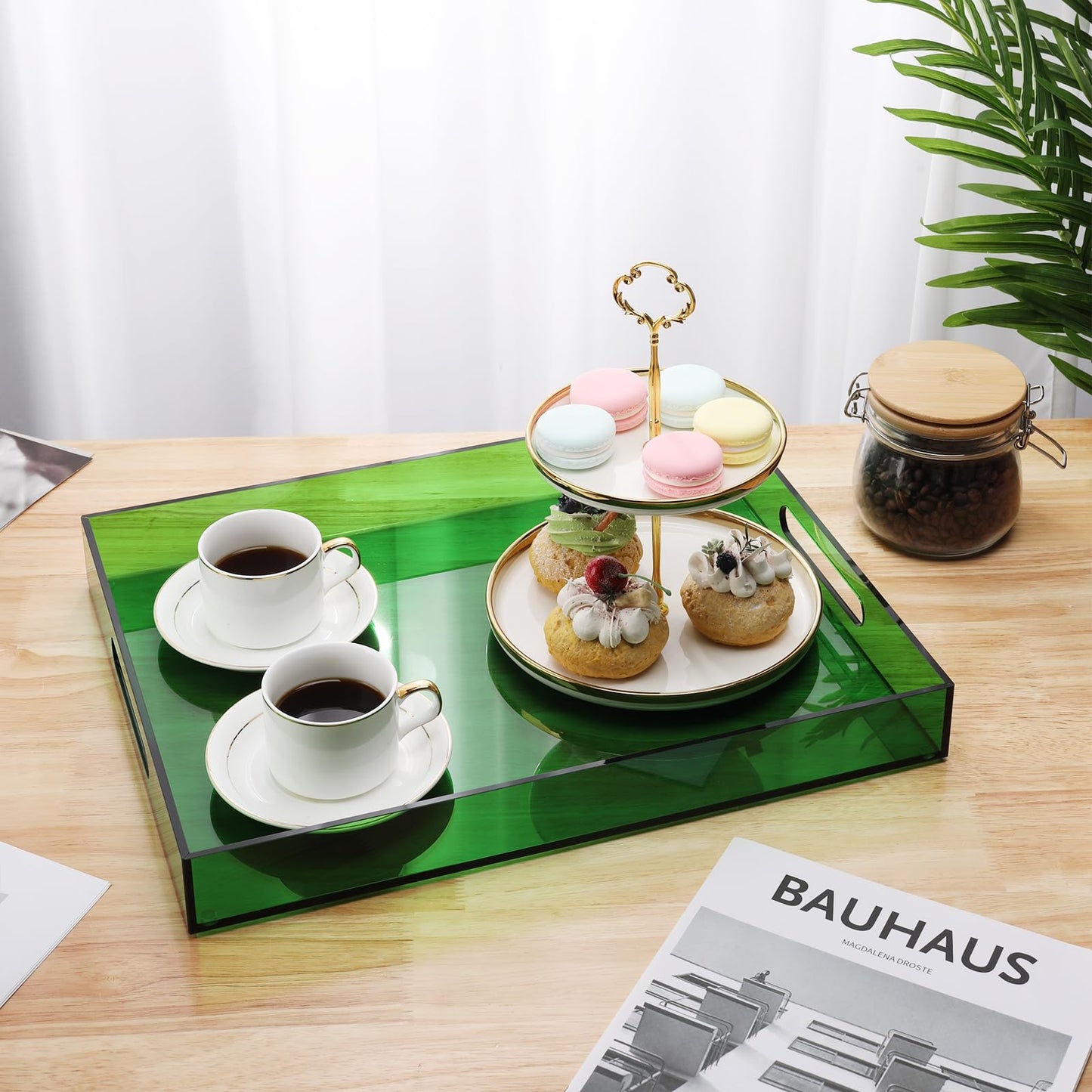 Large Acrylic Tray Ottoman Coffee Table Tray with Handles 17x13'' Decorative Serving Platter for Food Tea Dinner Snack Eating Bar Party, Emerald Green