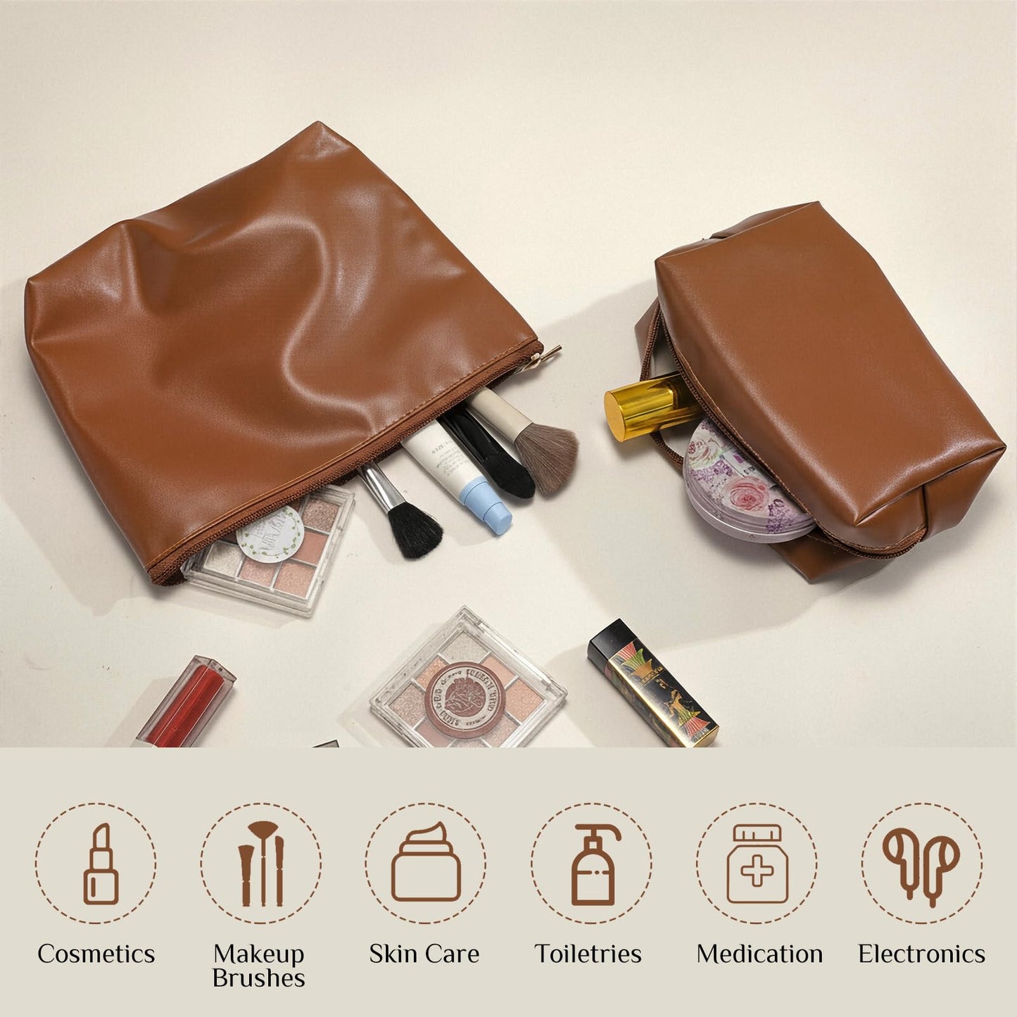 Kigeli 2 Pcs PU Leather Makeup Bag Set for Women Waterproof Aesthetic Cosmetic Bag Large & Small Travel Toiletry Organizer Pouch Skincare Organizer Bridesmaid Mother's Day Birthday Gift(Brown)