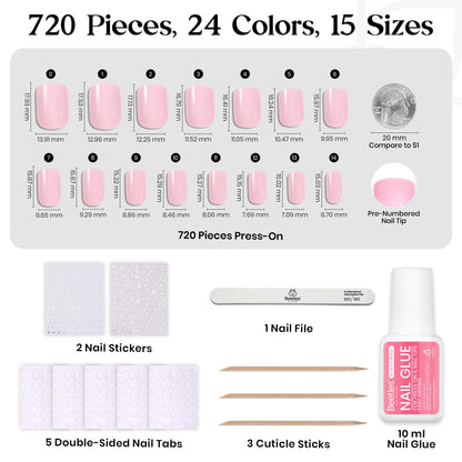 Beetles Press on Nails Kit 720Pcs 24 Colors, Press on Nails Short Almond Glossy Matte Glitter With Nail Glue & Nail Tabs Stickers, Natural Fit Lightweight Fake Nails Kit Art For Women Girls
