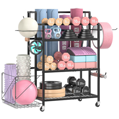 GloCryp Home Gym Storage Rack, Multi-functional Workout Equipment Storage for Dumbbells, Kettlebells & Yoga Mats, Heavy Duty Weight Rack for Home Garage Gym, Rolling Fitness Equipment Organizer with Hook
