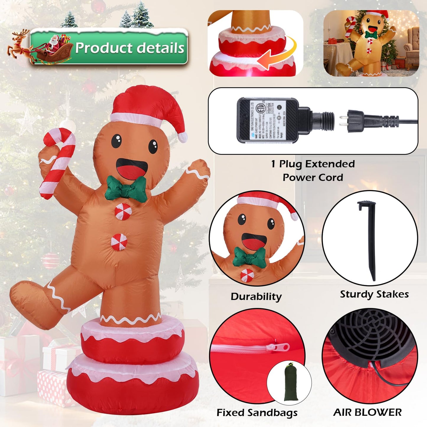 Christmas Inflatables Outdoor Decoration Inflatable Animated Rotating Gingerbread Man Giant Outdoor Indoor Blow Up LED Lighted Up Yard Lawn Garden Home Party Decor