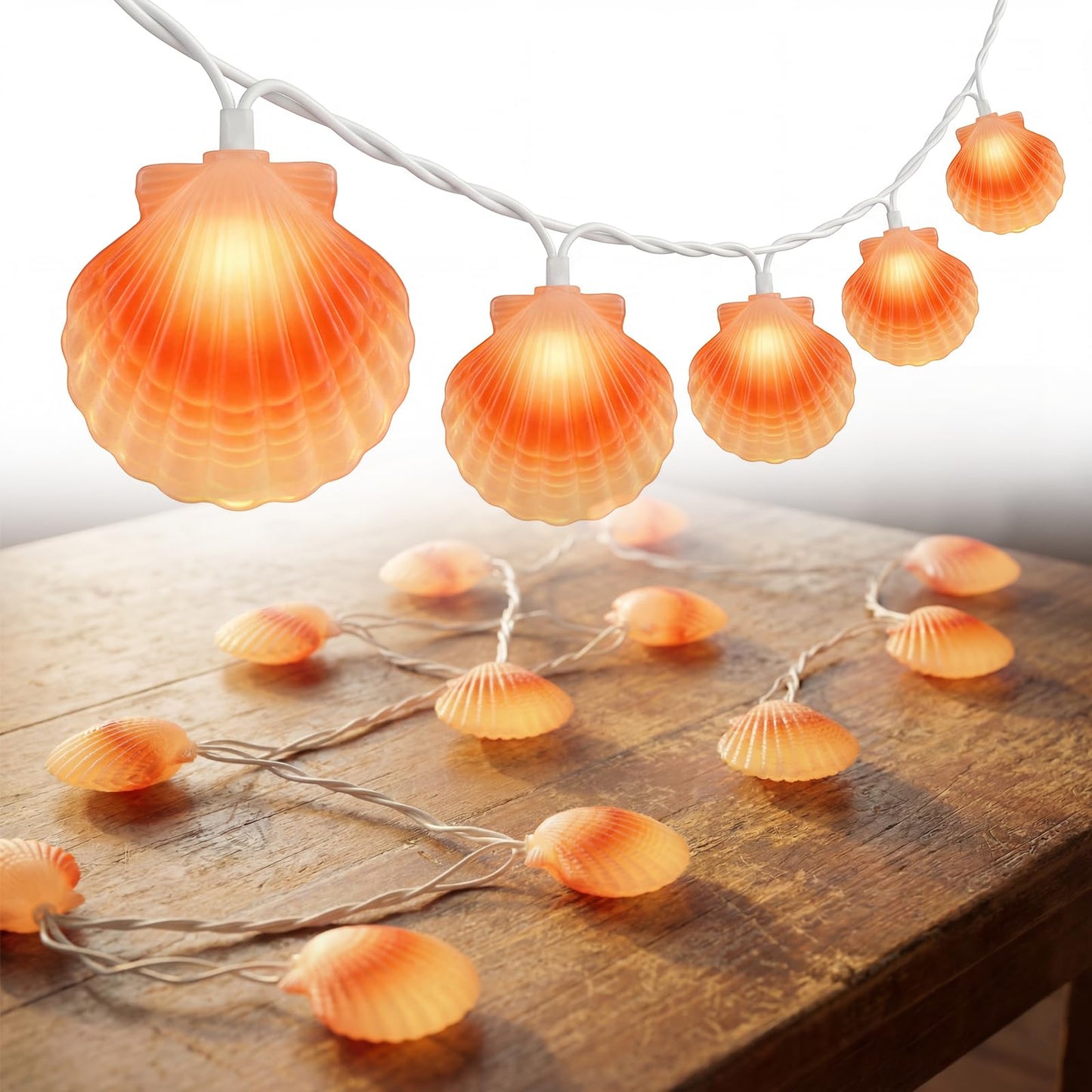 SUNSGNE 8.5FT LED Summer Seashell String Lights, 10 Textured Translucent Shell Beach String Lights with White Wire, Connectable Outdoor Indoor Decor for Summer Beach Theme, Pool Party, Ocean Bathroom