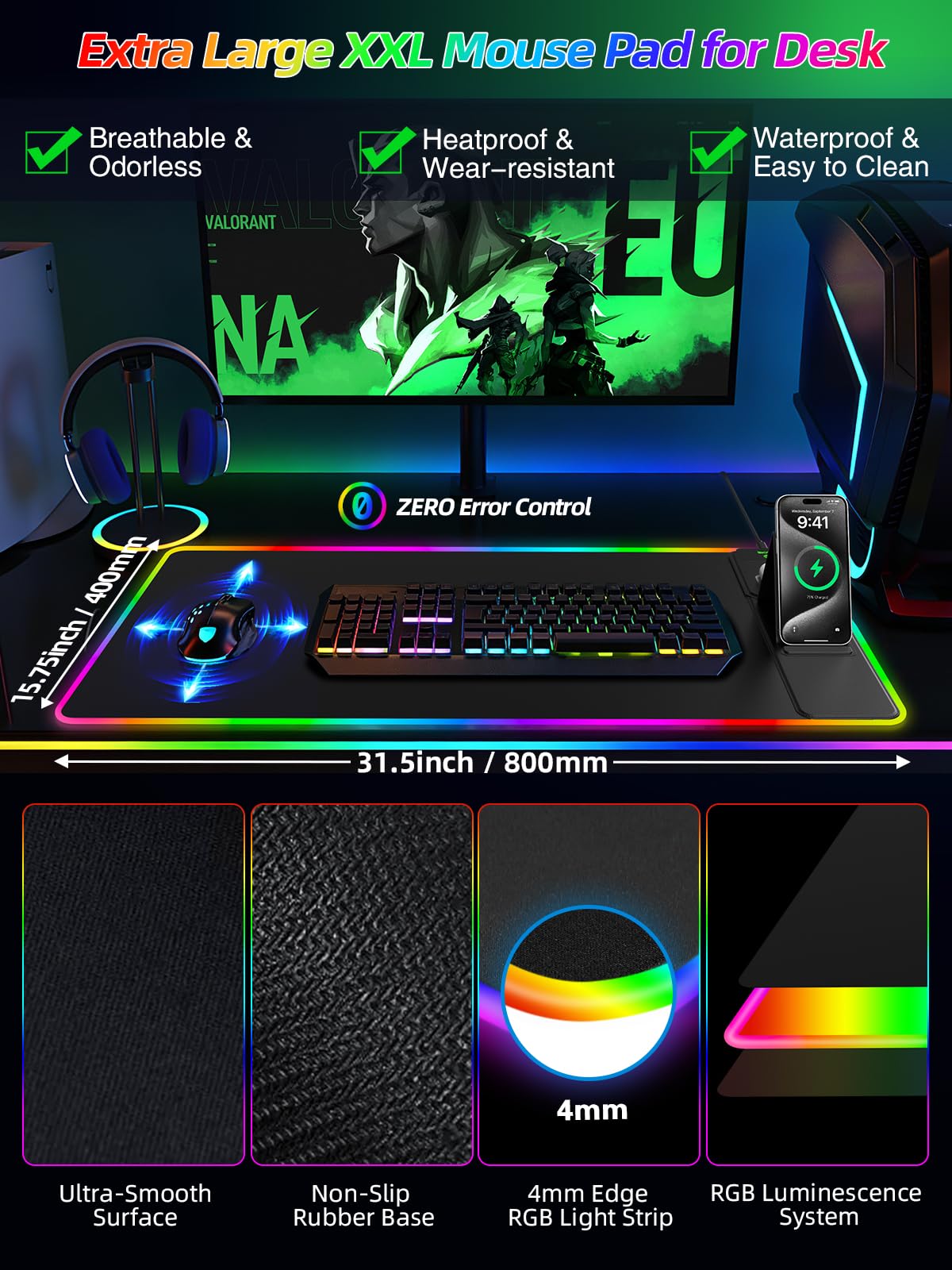 Mouse Pad with Foldable Phone Holder & Wireless Charger, XXL RGB Gaming Mousepad 31.5"x15.8" Large Desk Mat for Keyboard, Black Desk Pad with Dual Qi Charging Station | 11 Colors 5 Modes | Waterproof