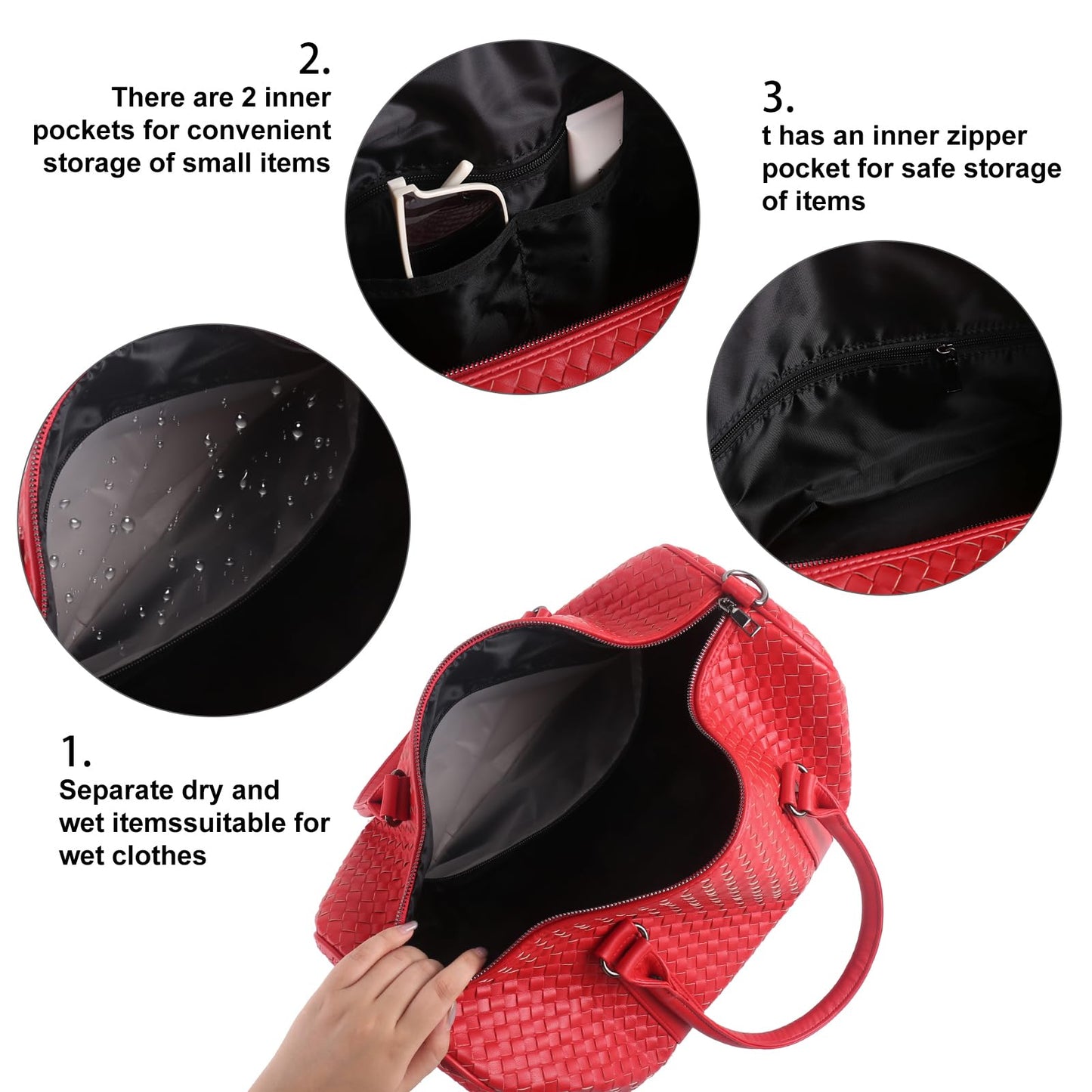 Weekender Bags for Women Designer Duffle Bag for Men, Woven Leather Carry On Travel Bag with Wet Compartment Large Capacity Water-resistant Gym Tote (Red)