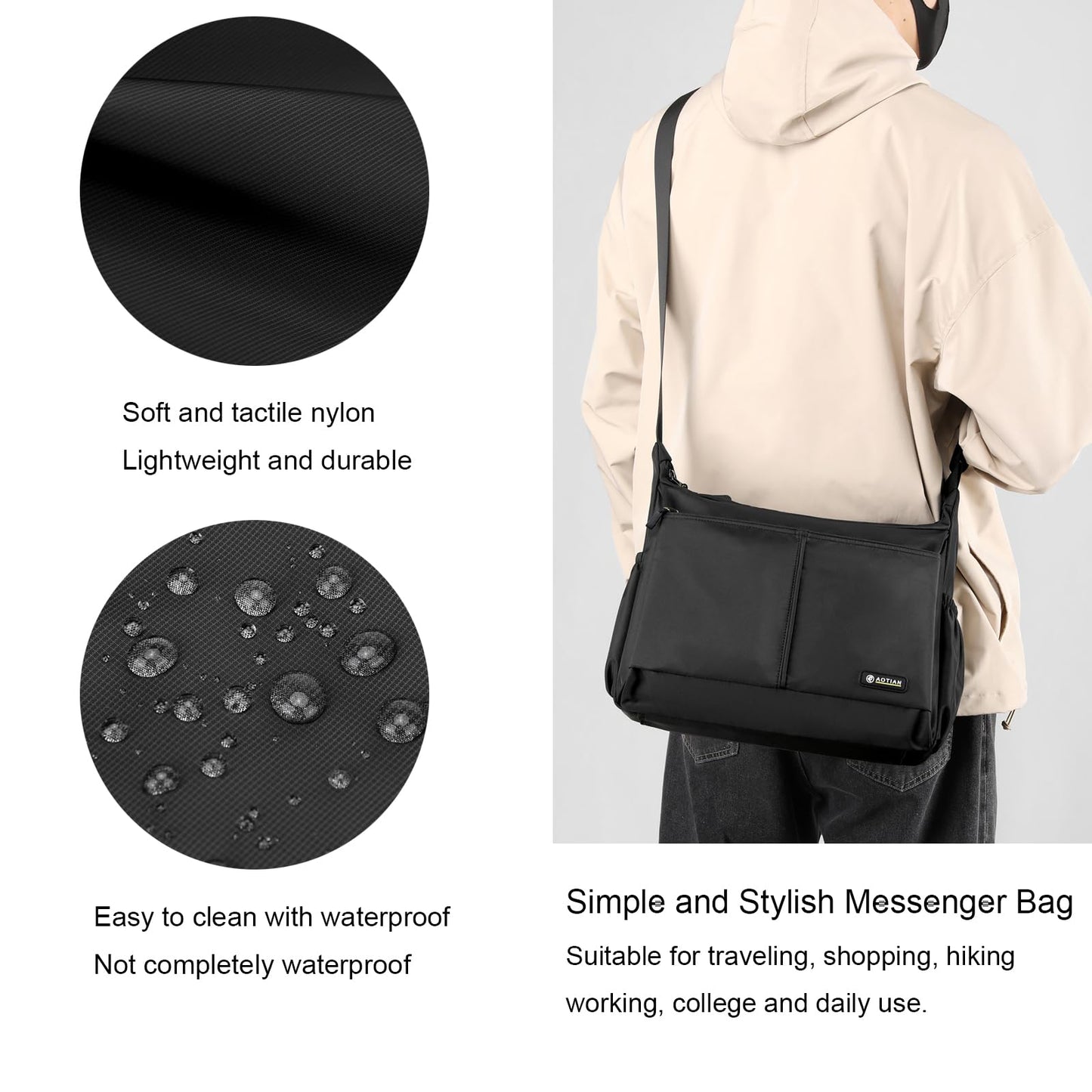 natyrlpog Men's Shoulder Bag Messenger Bag Nylon Waterproof Lightweight Casual Black Crossbody Bag for Work Travel Outdoor