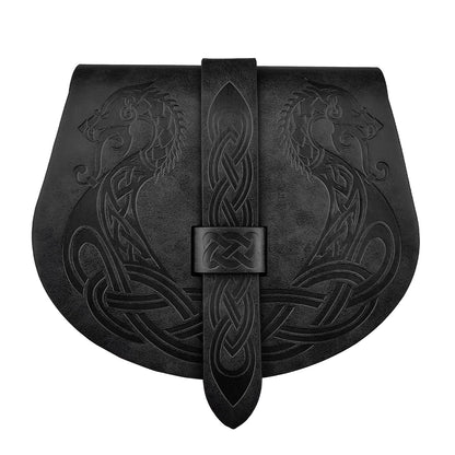 HiiFeuer Viking Embossed Langskip Belt Pouch, Medieval Faux Leather Flap Saddle Side Bag Purses, Retro Portable Belt Bag (Black A)