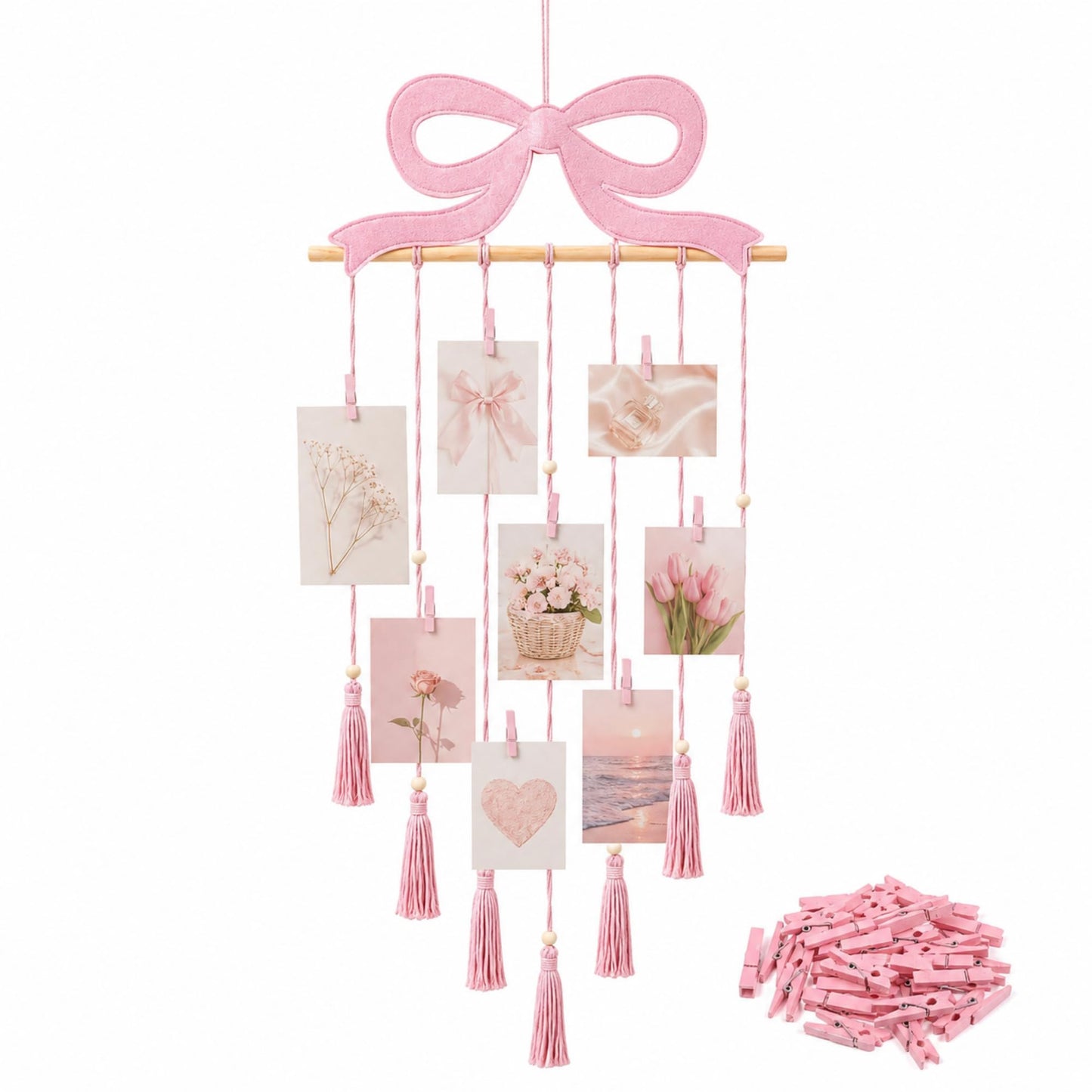 Fiwochic Pink Bow Hanging Photo Display Pink Bow Wall Decor Macrame Wall Hanging Coquette Picture Holder with 30 Clips for Teenage Girl Gift Room Decor Bedroom Graduation Wedding Coquette Party