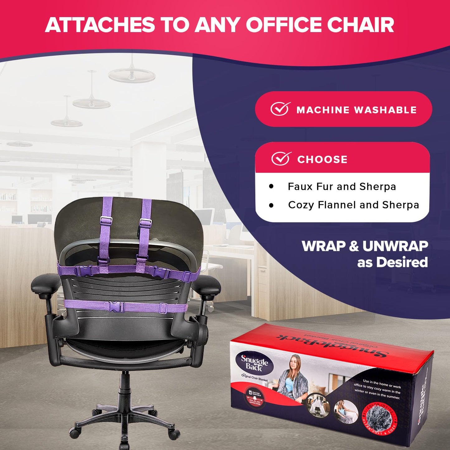 The Original Office Chair Blanket by SnuggleBack; Cozy Comfy Office Desk Chair Wrap Attaches for Hands-Free Warmth. Stay Warm In The Winter or Summer. (Black Pattern Fleece)