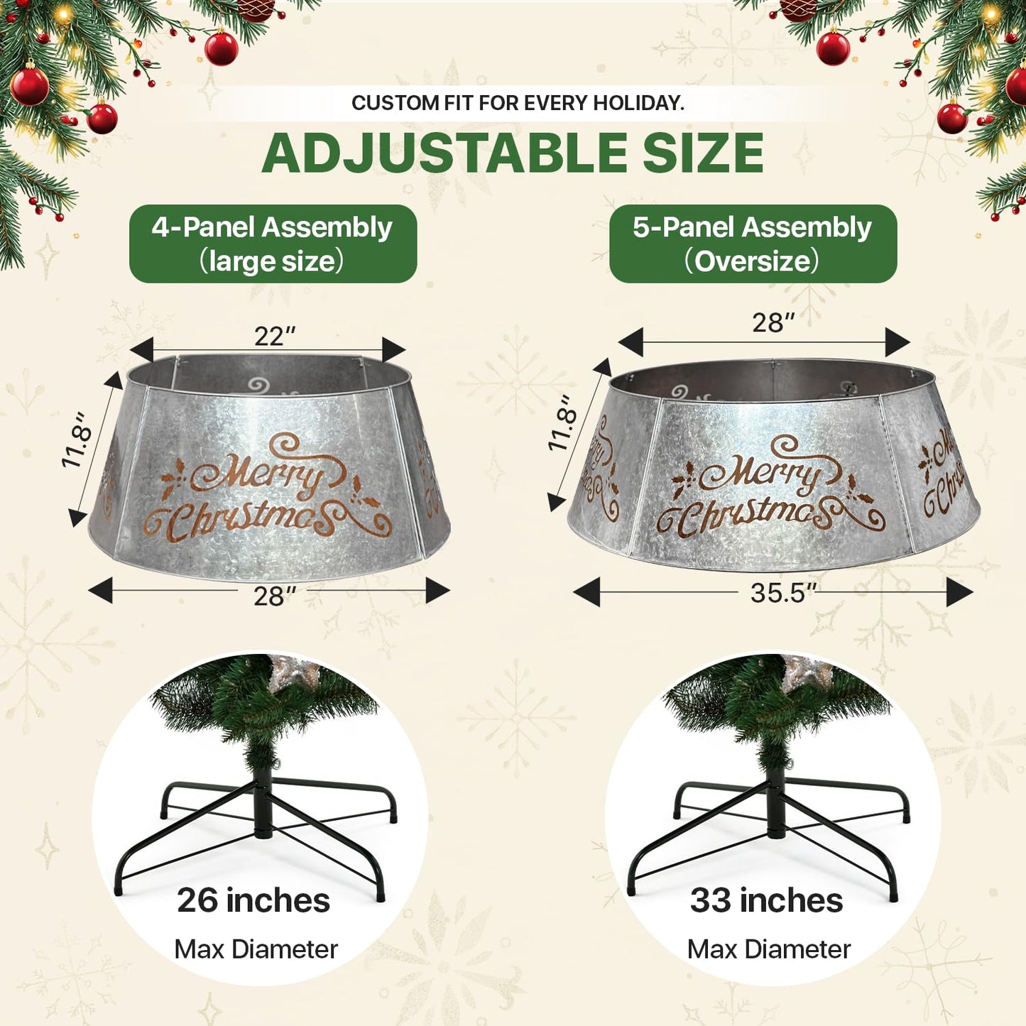 WKHOMEDECO 35.5" Large Metal Christmas Tree Collar - Christmas Tree Collars for Artificial Trees, Metal Tree Collar with Laser-Cut Merry Christmas Pattern,Extra Wide Adjustable & Pet-Safe (Galvanized)
