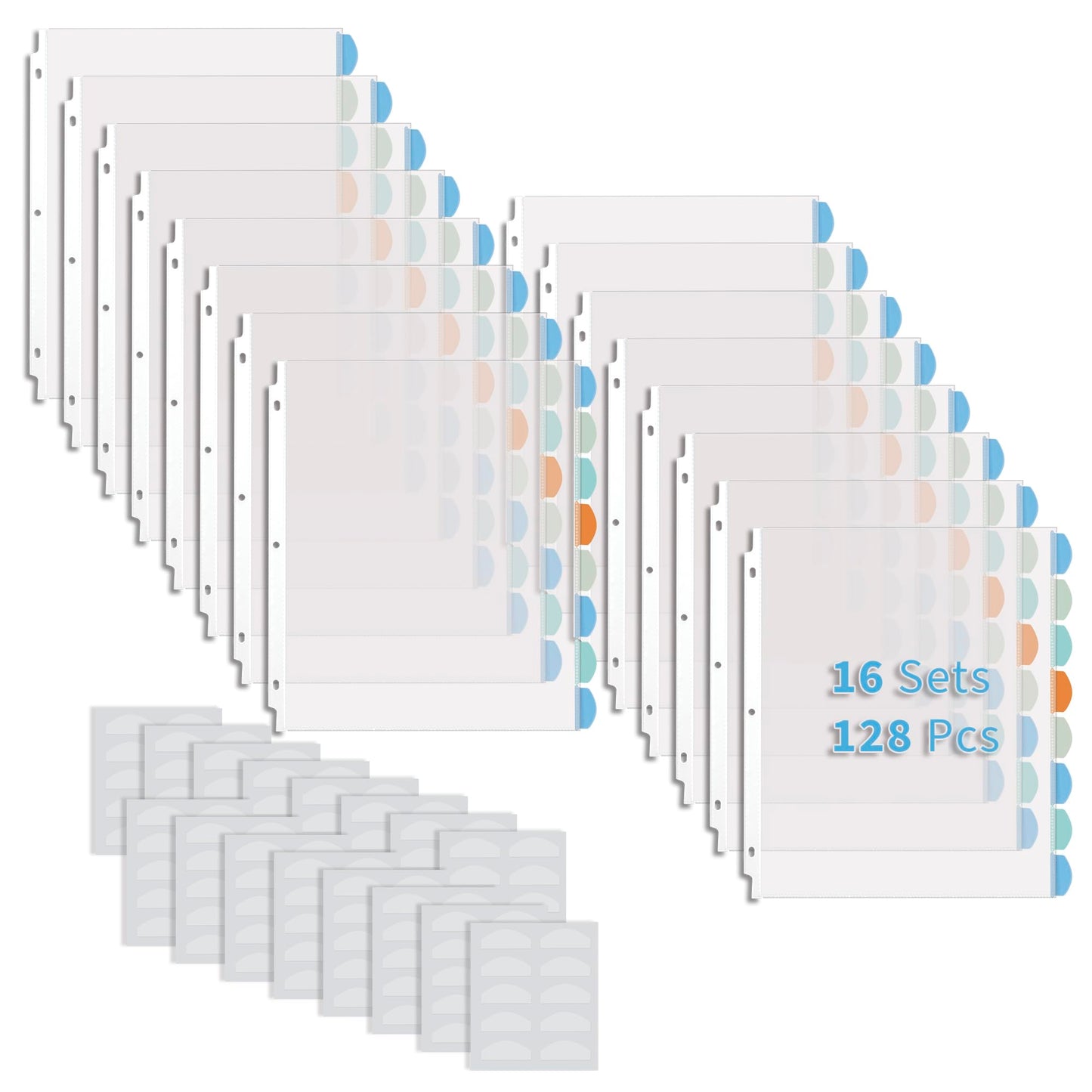 Binditek 128 Pack Heavyduty Clear Sheet Protectors with 8 Tabs, 45 Sheets Capacity, 8.5 x 11 inch Plastic Dividers for 3 Ring Binder, Insertable Index Divider, Letter Size, 16 Set, Label Sticker