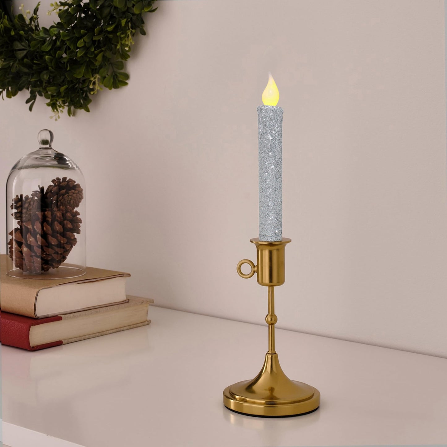 CVHOMEDECO. Glitter Flameless Candles Flickering Battery Operated LED Taper Candles with Timer for Home, Wedding, Halloween, Christmas Decor. Glitter Silver, 6-3/4 Inch, Set of 2