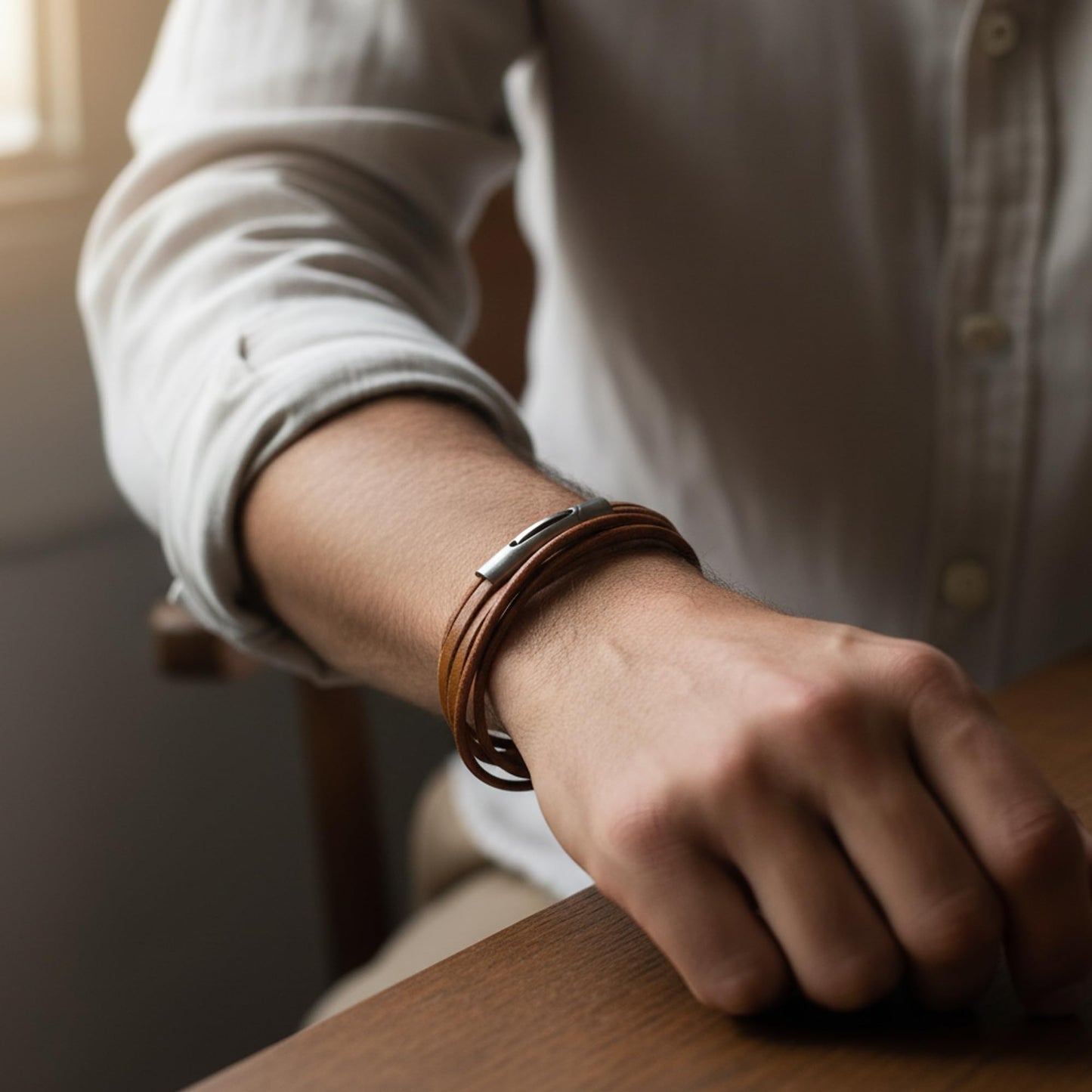 Leporem Unisex Genuine Cowhide Leather Wrap Bracelet Choker Minimalist Push-Lock Clasp Premium Surgical Steel Wristband 17.7 Inch Brown Gift Box (Brown, 17.7 Inches)