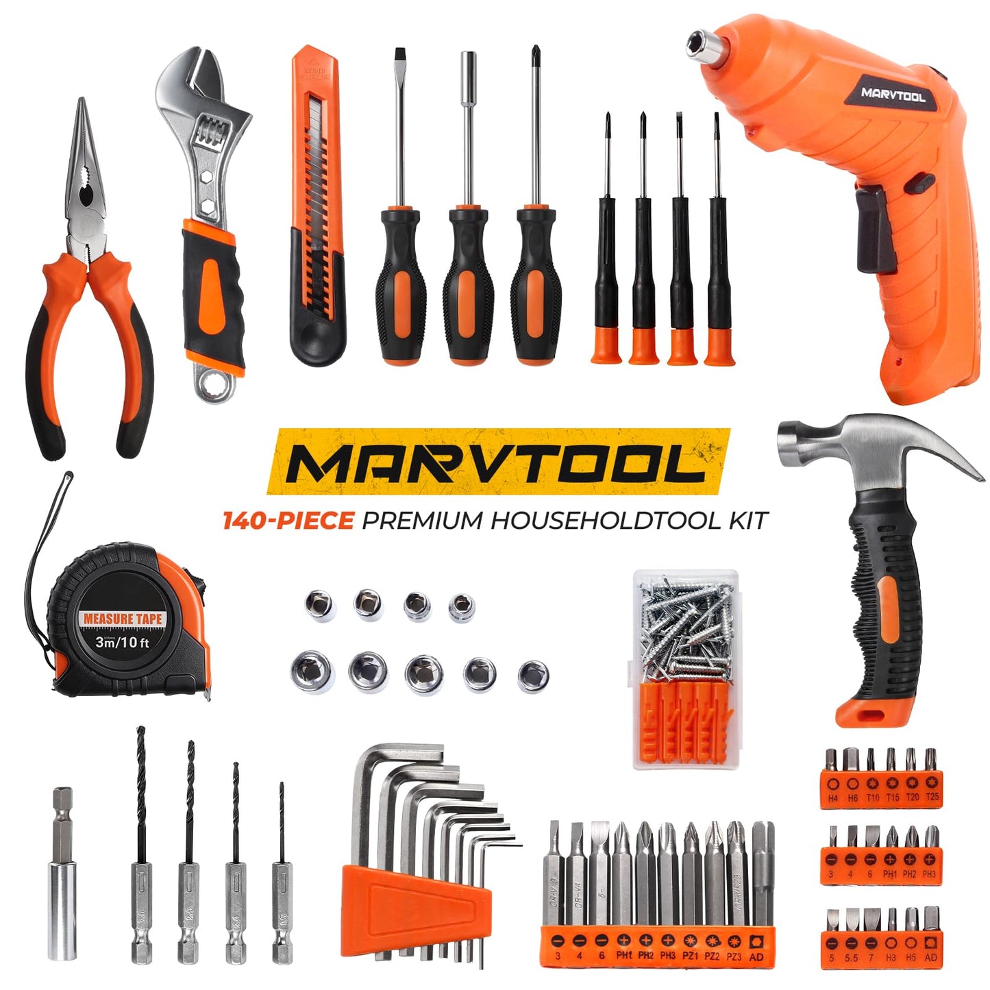 MarvTool 140 Piece Tool Set, Portable Tool Box with Cordless Drill, Home Repair Hand Tool Kit, General Household Drill Set for Homeowner, DIY, Handyman, Women