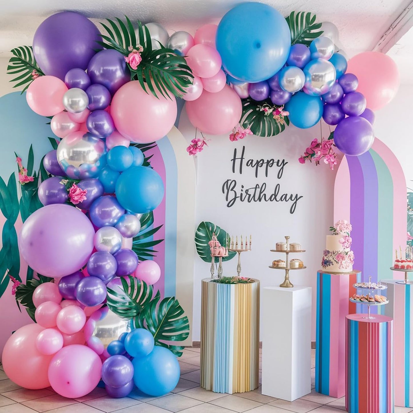Blue Purple Balloon Arch Kit, 108 Pcs Macaron Purple Pink Blue Balloons Garland with Teal Royal Blue Metallic Silver Latex Balloons for Kids Hawaii Summer Theme Party Baby Shower Birthday Decoration