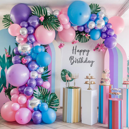 Blue Purple Balloon Arch Kit, 108 Pcs Macaron Purple Pink Blue Balloons Garland with Teal Royal Blue Metallic Silver Latex Balloons for Kids Hawaii Summer Theme Party Baby Shower Birthday Decoration