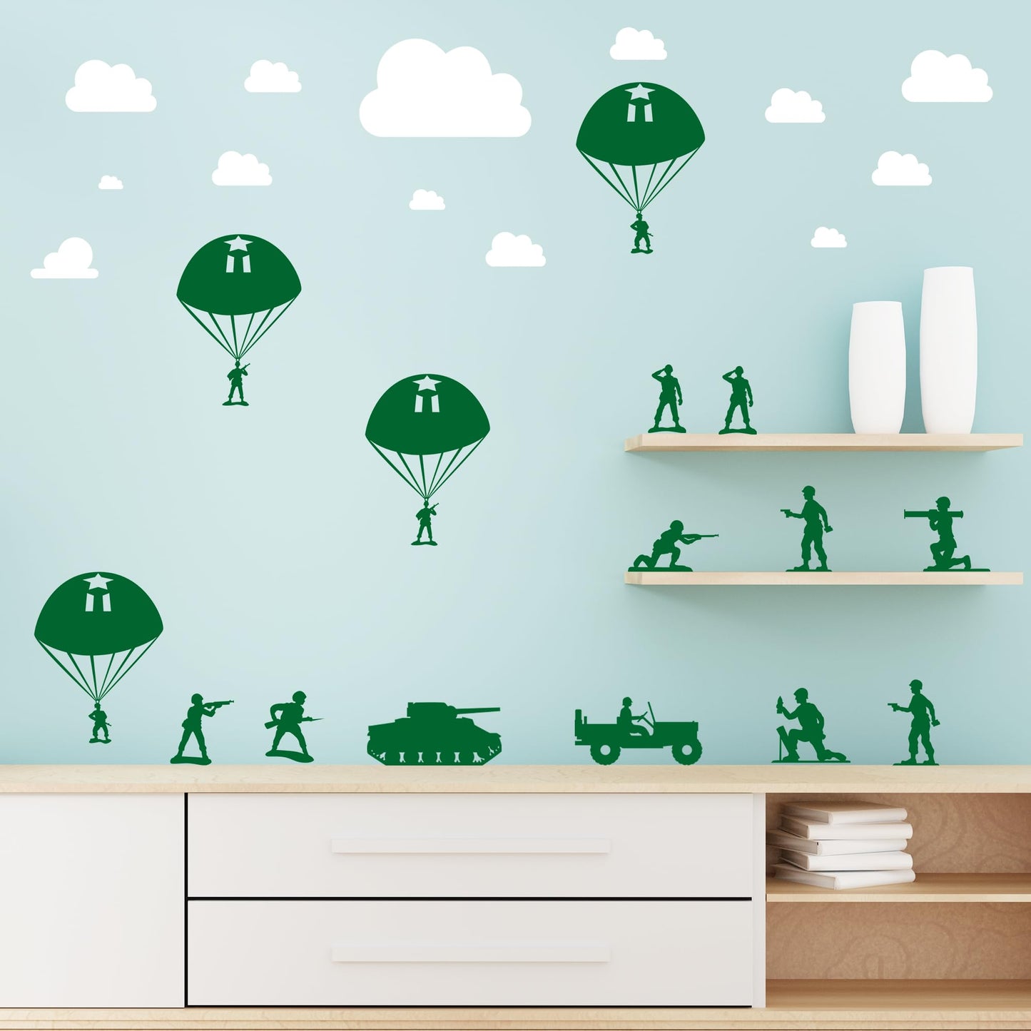Pounchi Army and Clouds Wall Stickers (4 Sheets 93 Pcs) with Transfer Films, Cool Solider Military DIY Wall PVC Decals for Bedroom Living Room Decor