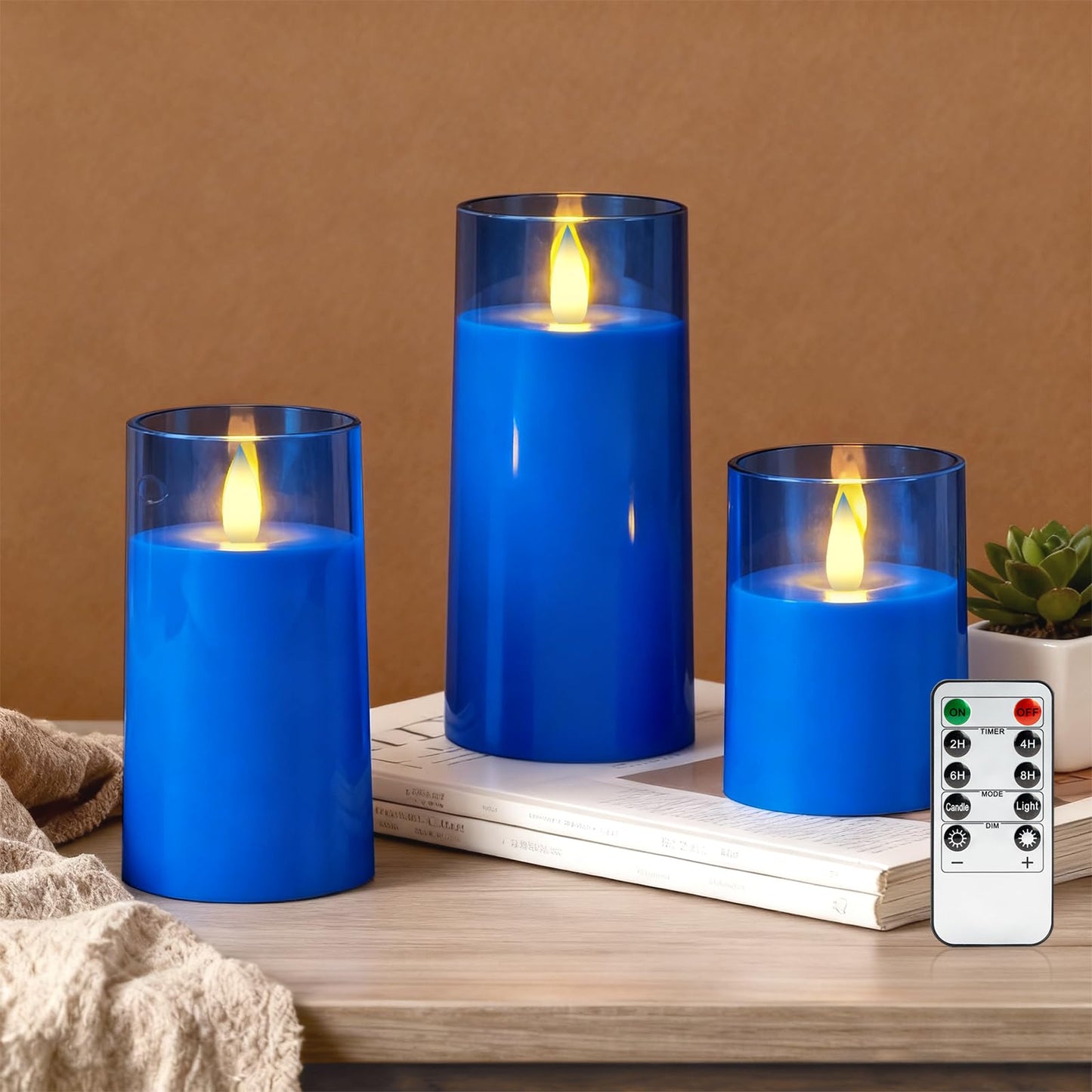 Raycare Flameless Electronic Pillar Candles with Remote Control and Timer- Battery Operated Realistic Flickering LED Fake Candle for Home, Wedding, Valentine's Day Decor,Blue,Set of 3(3"x4"5" 6")
