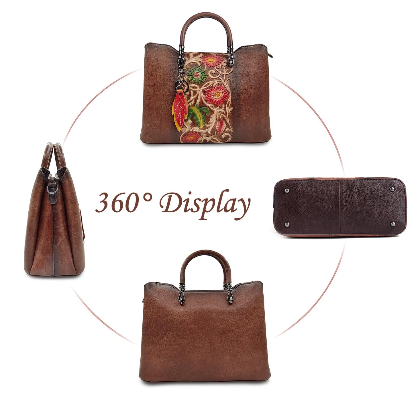 Genuine Leather Vintage Embossed Handbag for Women - Artisanal Cowhide Floral Crossbody Purse with Unique Craftsmanship (coffee)