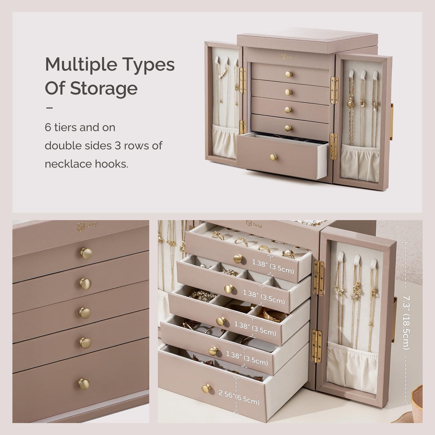 BIQI MUSSE Jewelry Box for Women, 6-Tier Jewelry Organizer Box with Mirror, 5 Drawers Jewelry Storage Case for Ring Necklace Earring Bracelet, Light Taupe