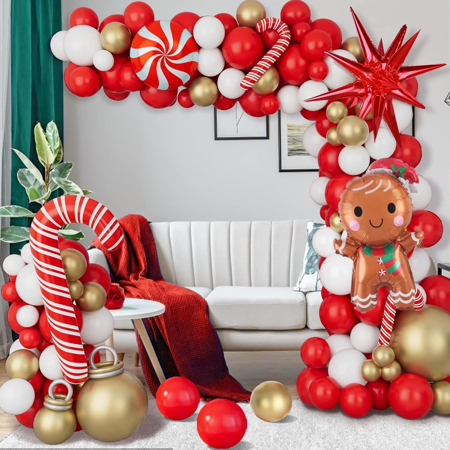 Christmas Balloon Garland Arch Kit Xmas Holiday Balloons with Red White Golden Balloon Candy Foil Balloon Candy Cane Balloon Red Starburst Balloons for Christmas Party Decorations