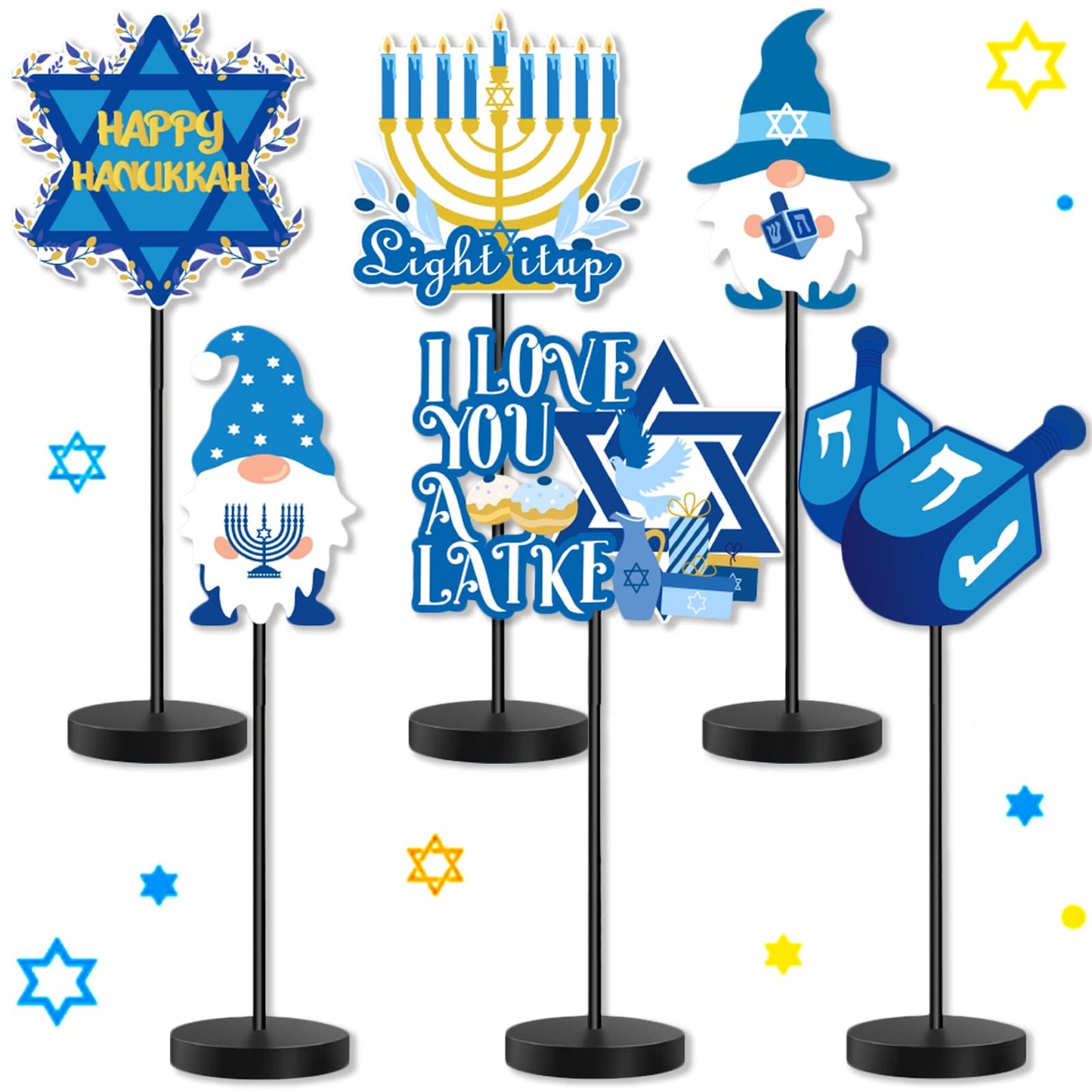 6Pcs Hanukkah Table Decorations Hanukkah Wood Table Sign Chanukkah Decor for Winter Chanukkah Home Indoor Centerpiece Menorah Dreidel Star of David