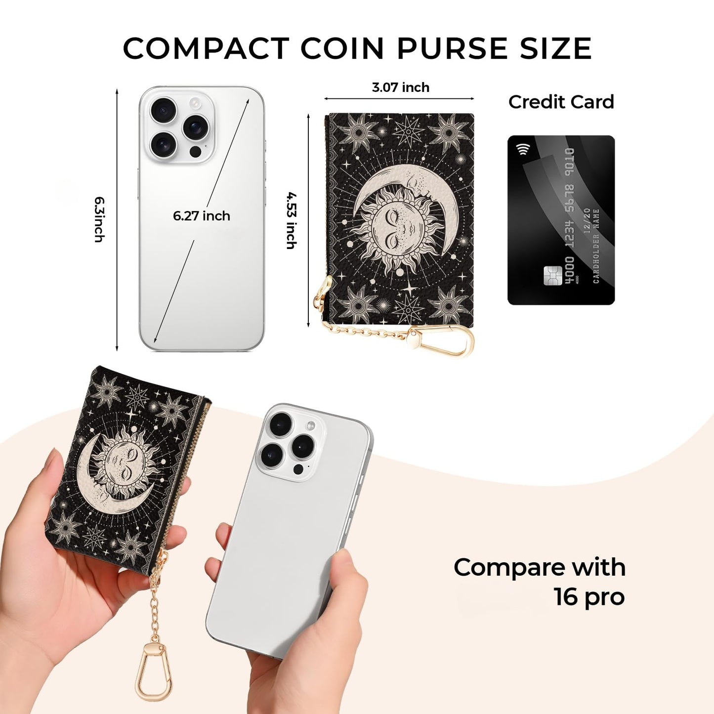 Sukyerios Sun Moon Keychain Coin Purse for Women, Small PU Leather Change Pouch, Zipper Little Tiny Travel Wallet for Girls, Cute Kawaii Zip Pocket Coin Holder with Key Ring