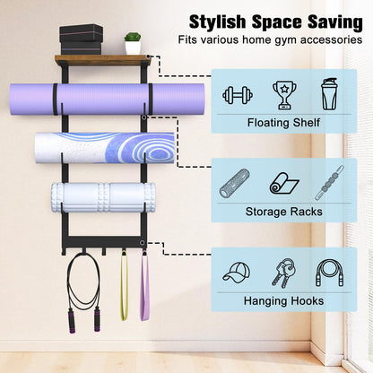 BSTSLL Yoga Mat Holder Wall Mount, Yoga Mats Storage Rack, Home Gym Wall Organizer Holder with Wood Floating Shelf and 5 Hooks, Storage Rack for Hanging Foam Roller/Band/Workout Equipment