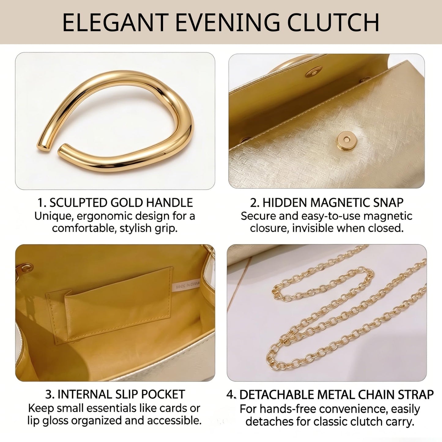 MYHOZEE Clutch Purses for Women Formal Black Clutch Vegan Leather Evening Bag Elegant Wedding Clutch Detachable Chain Handbag Trendy Gold Handle Purses