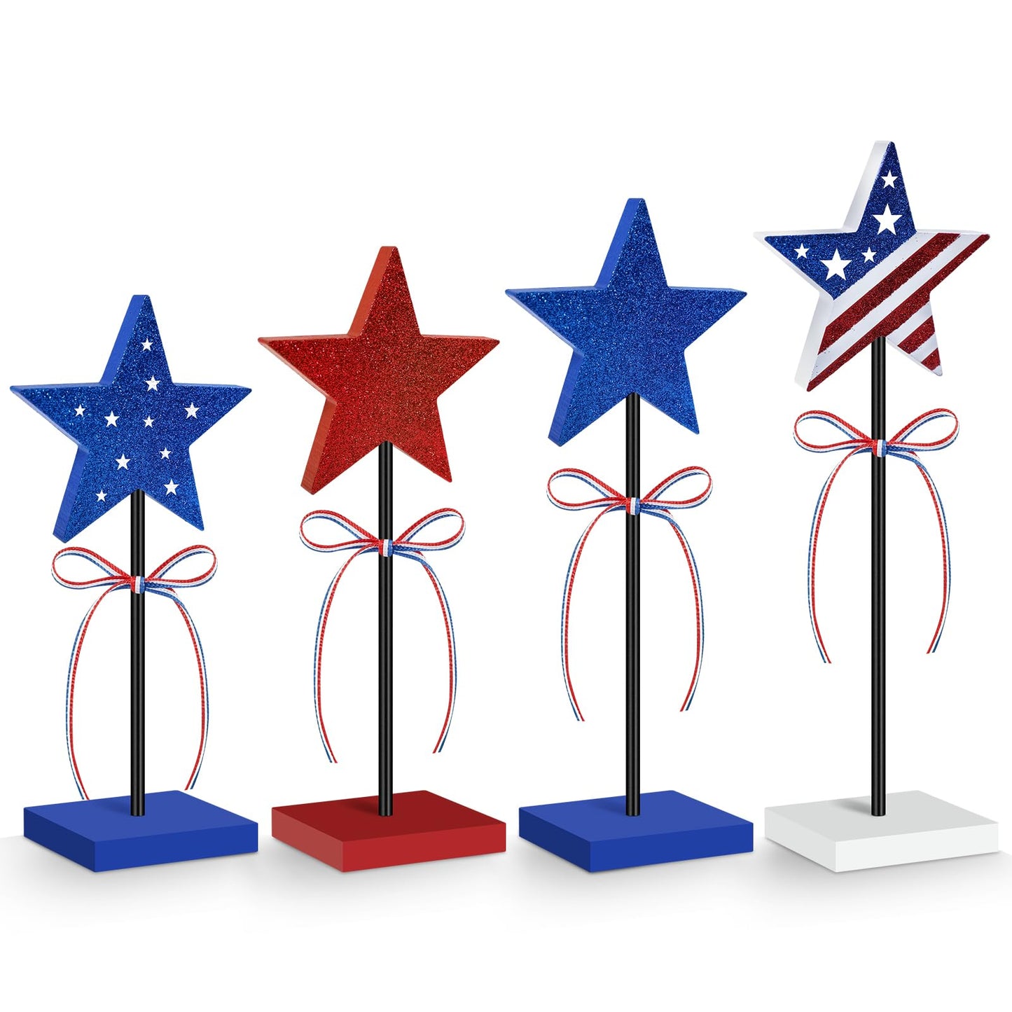 4th of July Tiered Tray Decor Wooden Shiny Star Set, 4 Pcs 250th Anniversary Centerpieces for Tables, Patriotic Tabletop Home Decor, Red White and Blue Decorations for Independence Day Party