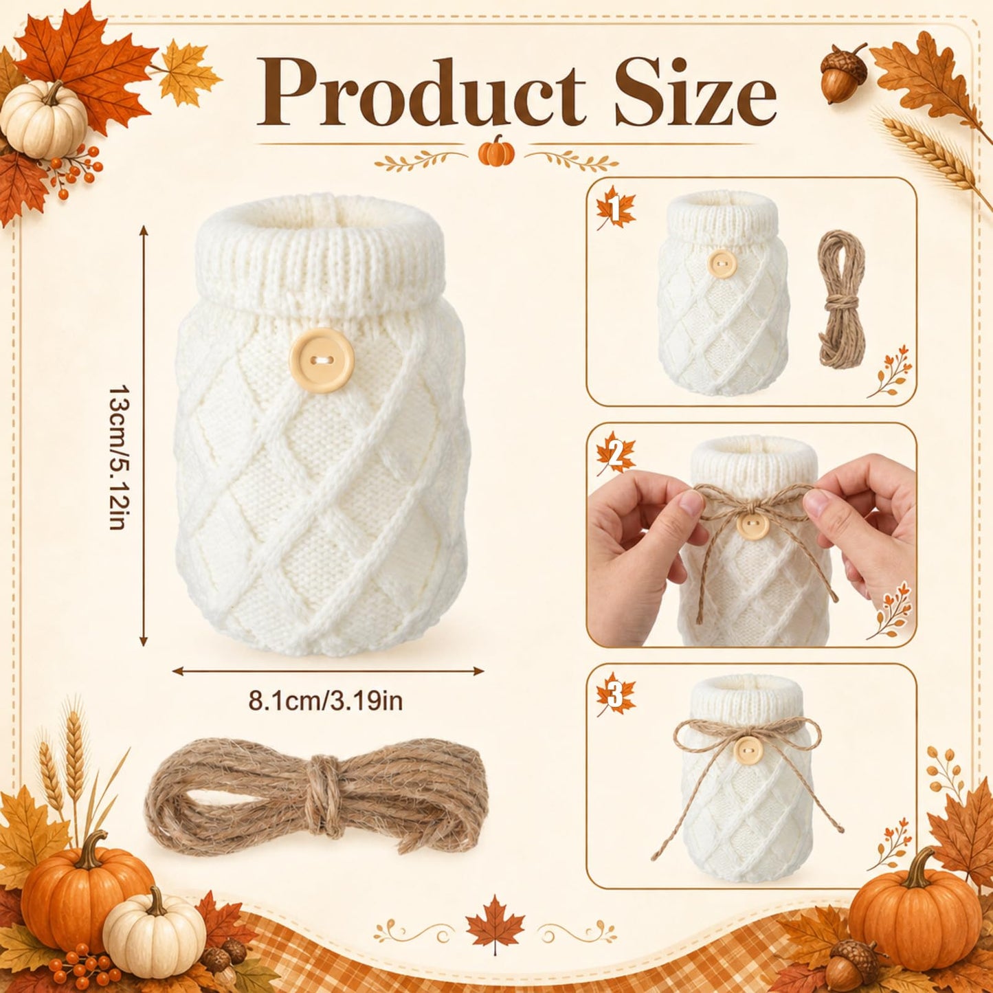 Newtay Fall Table Centerpiece 2 Pieces Mason Jar Vase with White Sweater Cove 17 oz Glass Flower Vase Rustic Autumn Farmhouse Table Decoration with Knit Bow and Button, Cozy Home Decoration