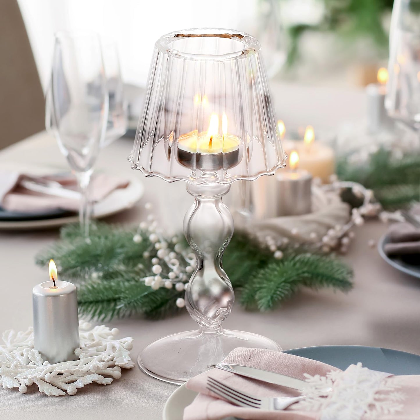 Jingmore 2 Pcs Crystal Candle Holders Lamp Shaped Crystal Tealight Candle Holders Table Centerpiece for Home Wedding Engagement Birthday Party Events Dining Table Decoration(Clear)