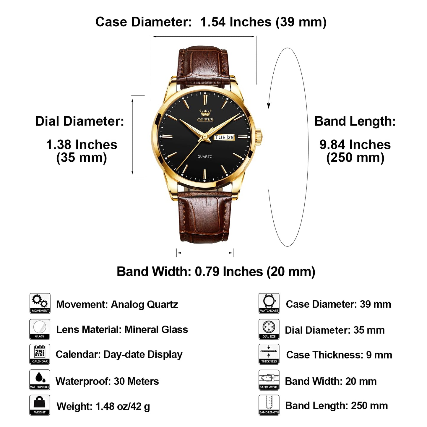 QBAIZI Mens Gold Watches Brown Leather Band Analog Dress Wristwatch for Men Black Face Luxury Male Watch with Day Date Easy to Read Vintage Men's Wrist Watches Waterproof Luminous Reloj para Hombre