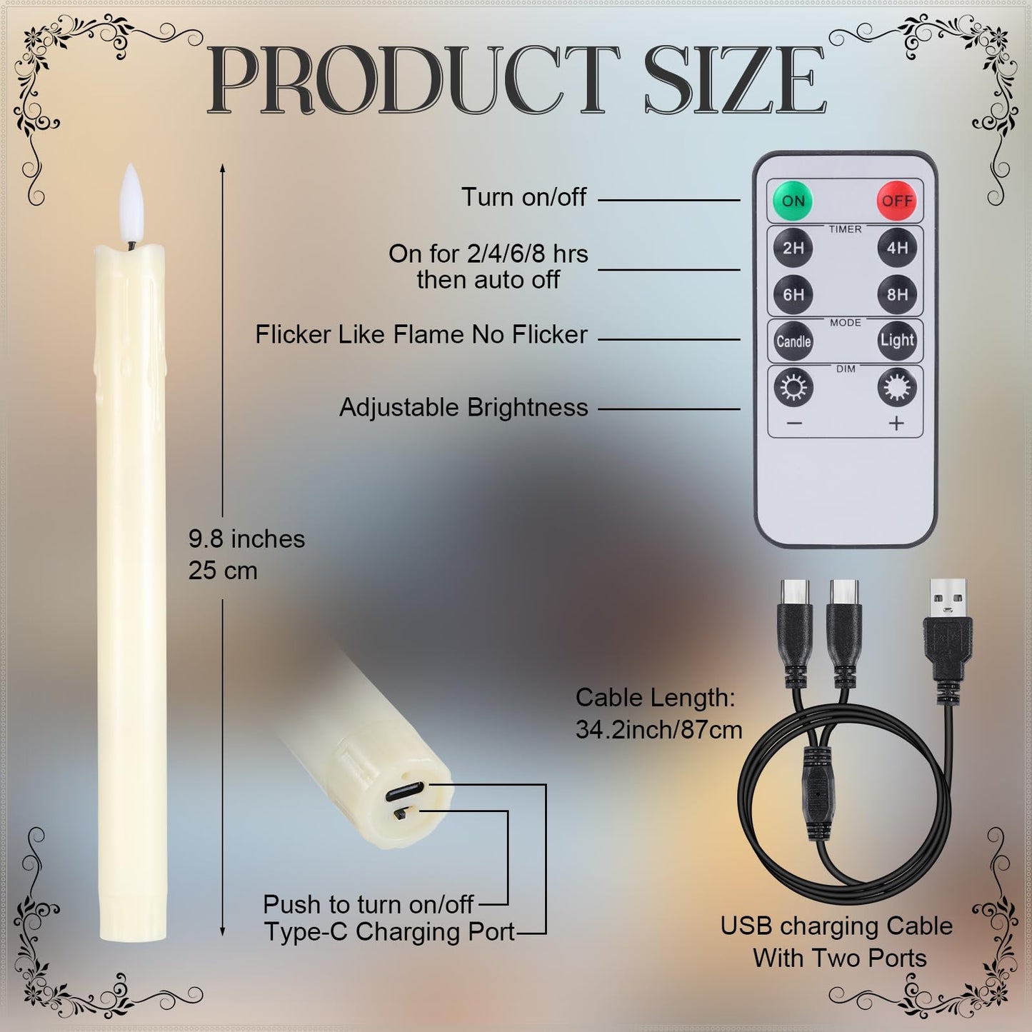 Retisee 4 Sets Rechargeable Flameless Taper Candles with Remote and Timer 9.8" Battery Operated Flickering Pillar Candles LED Dripless Wax Candlesticks for Christmas Home Window Fireplace