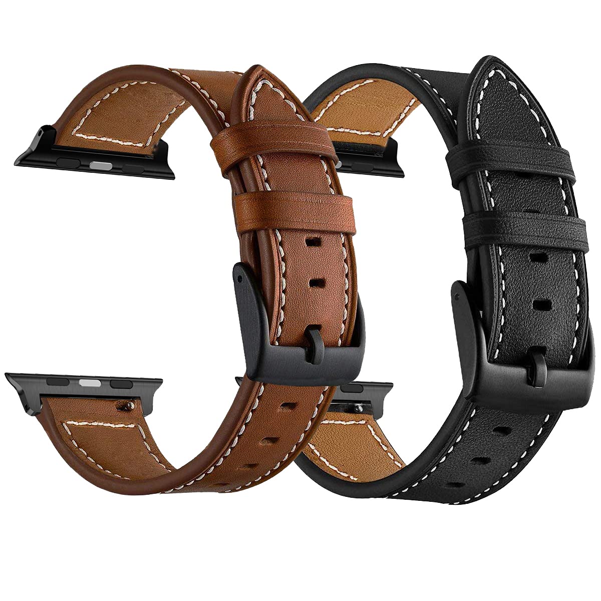 LDFAS Compatible for Apple Watch Series 10 Band 46mm, (Large) Leather Watch Strap with Black Buckle Compatible for Apple Watch Ultra 2 49mm, Apple Watch 9/8/7 45mm Bands,Brown+Black (2 Pack) M/L