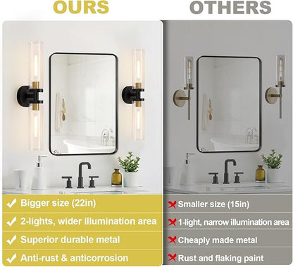 2 Pack 22-Inch Gold and Black Wall Sconces Set of Two, 22" Vanity Lights for Bathroom with Clear Glass, Sconces Hardwired Black and Gold Bathroom Sconces Set of 2 for Mirror Living Room
