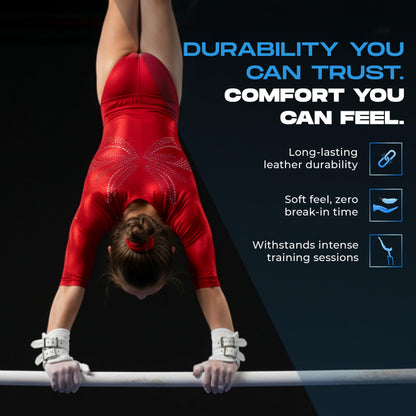 Gibson Athletic Double Buckle Just Right Uneven Bar Grips, Gymnastics, Girls, White, Large